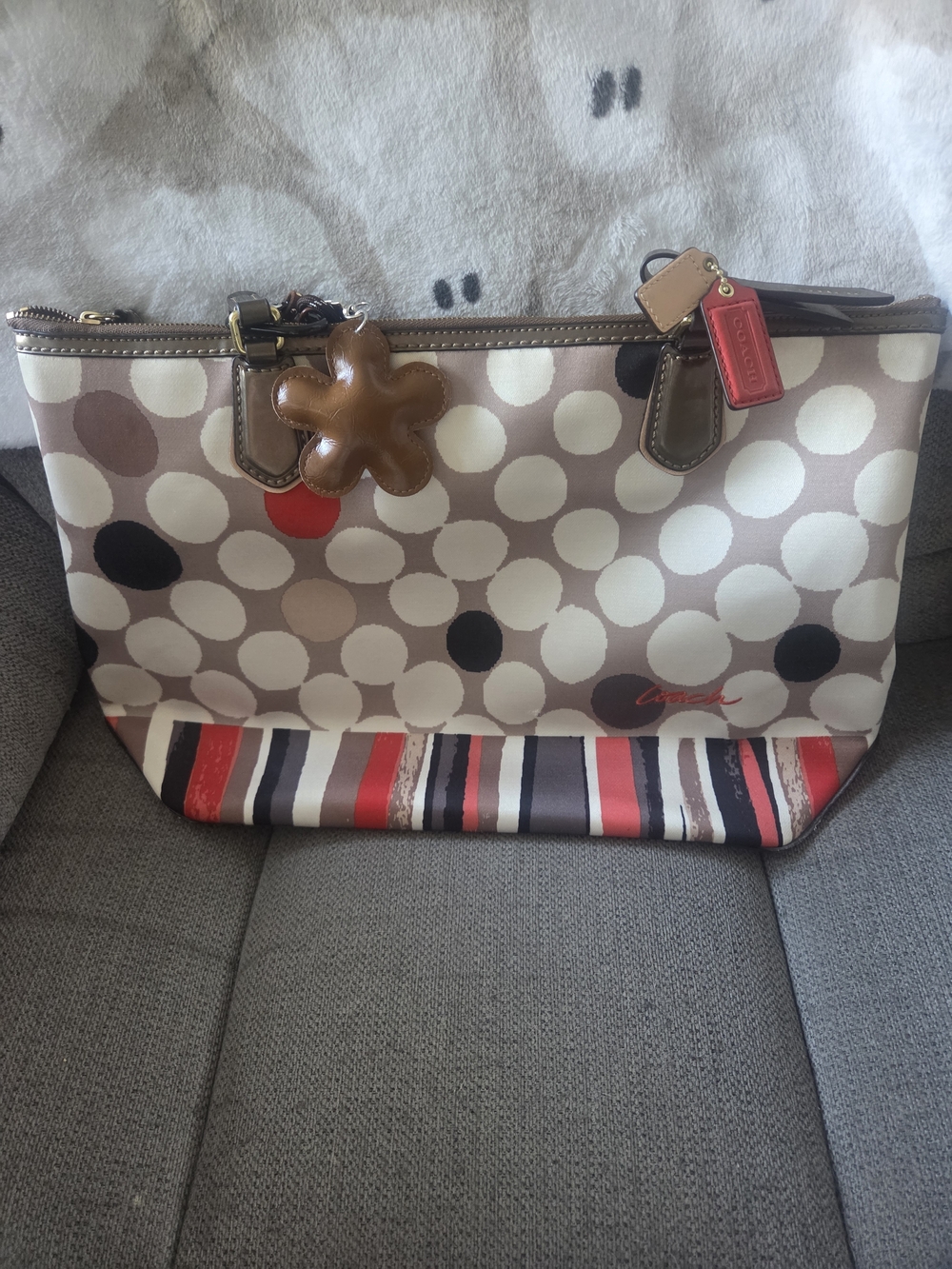 Coach Poppy Polka Dot and Stripe Canvas Tote - Beige, Red, Black Accents